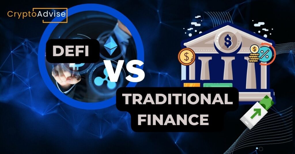 Illustration depicting the advantages of DeFi and risks of traditional finance